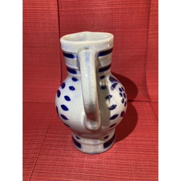Ceramic Floral Pitcher / Small Size /Pottery Spout Handle / Folk Art /Blue Paint - Picture 4 of 12